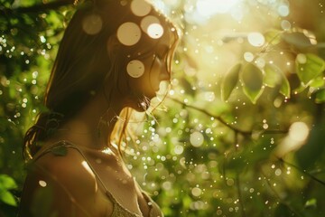 Poster - A woman stands alone in a rainy forest, seeking shelter