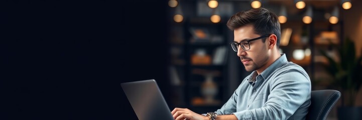 A handsome young man using a laptop, a Freelance man working on a laptop at a home office, A young man working with a computer in a dark office, the concept of business and technology.