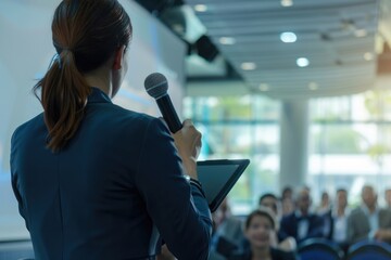 Aufkleber - Woman holds microphone in front of an audience