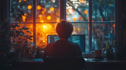 Poster - a person coding at a desk by a window during sunset, surrounded by plants and warm ambient light in 