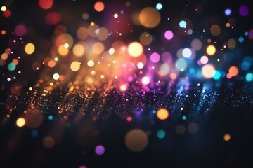 Poster - A mesmerizing display featuring an array of blurred geometric shapes combined with glowing, colorful lights, effectively creating an enchanting ethereal overlay effect against a deep black background