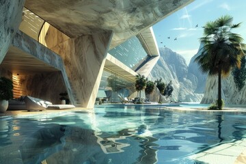 Poster - A swimming pool surrounded by palm trees, with a mountain visible in the distant background