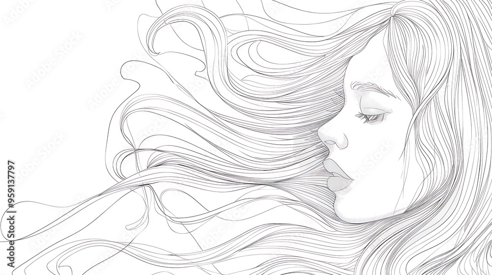 Elegant line art of a womana??s face with flowing hair on a white ...