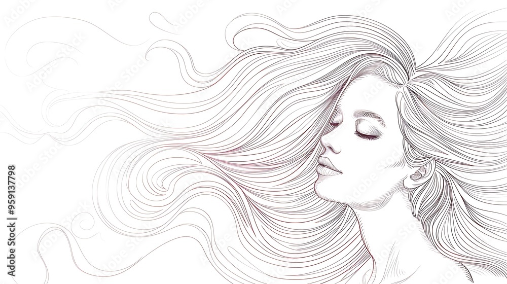 Elegant line art of a womana??s face with flowing hair on a white ...