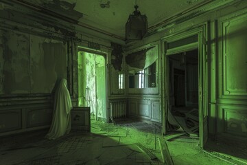 Poster - A room lit by a green light on the walls, providing a unique ambiance