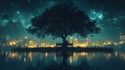 Sticker - A quiet moment by the water at night under a large tree with city lights reflecting on the still surface