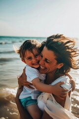 Poster - A mother and child playing together on the beach