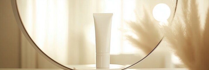Poster - A tube of cream sits centered in front of a mirror, reflecting its form against a backdrop of soft, ambient light. Generative AI