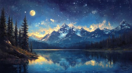 Wall Mural - Starlit Mountain Lake Reflection