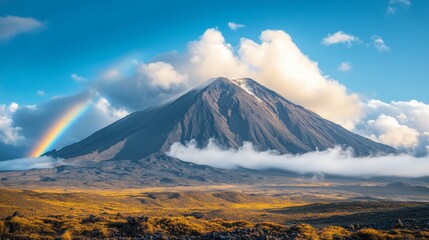 Sticker - Majestic Volcanic Peak with Rainbow and Clouds