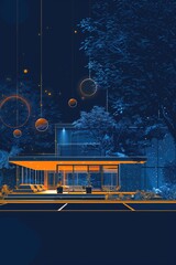 Poster - A busy gas station at night with many lights and a sense of activity