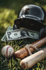 Poster - A baseball bat, ball, and money sit in the grass
