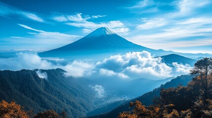 Wall Mural - Mount Fuji Surrounded by Clouds and Blue Sky