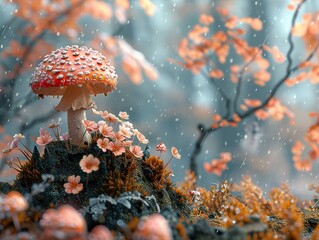 Wall Mural - A single red and white toadstool mushroom with white dots grows amongst small pink flowers and moss in a forest with light rain.