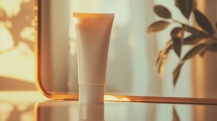 Poster - A tube of cream stands upright on a reflective surface, bathed in the warm glow of sunset, with plants in the background. Generative AI