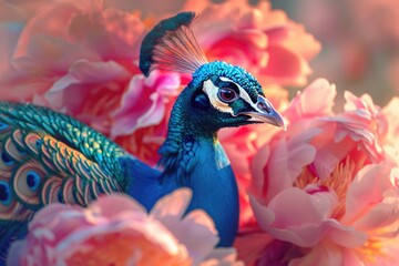 Poster - A colorful peacock surrounded by vibrant flowers in a natural setting