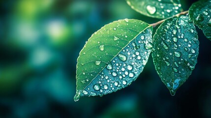 Poster - Close-up of Dew Drops on Green Leaves