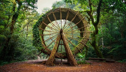 old wooden wheel in the forest