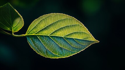 Sticker - Close-up of a Leaf with Veins Illuminated Against Dark Background