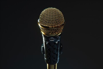 Aufkleber - A close-up shot of a golden microphone against a dark background, ideal for music-related projects