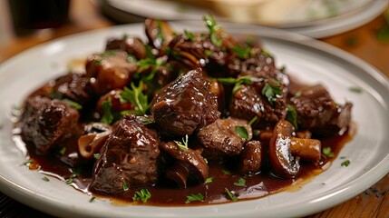 Wall Mural - A savory and satisfying plate of beef bourguignon, with tender chunks of beef, mushrooms, and a rich, red wine sauce