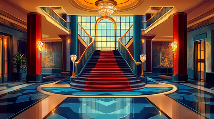 Wall Mural - Luxury art deco stage , interior of hotel hall, architecture, style. Art Deco. Illustration