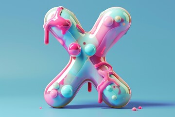 Poster - A stylized letter X made up of pink and blue shapes on a bright blue background