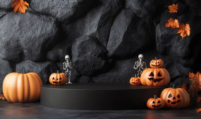 Halloween pumpkins, skeletons, and a black podium on a black stone background.