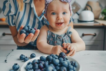 A mother holding her baby in front of a bowl of blueberries, a healthy snack for the little one