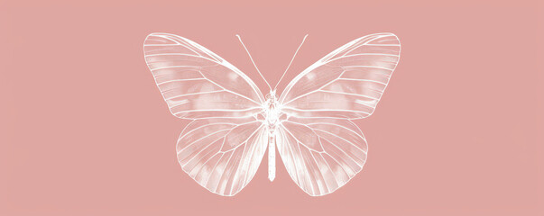 A simple white line drawing on a blush pink background of a butterfly with outstretched wings. The soft color enhances the grace and beauty of the butterfly.