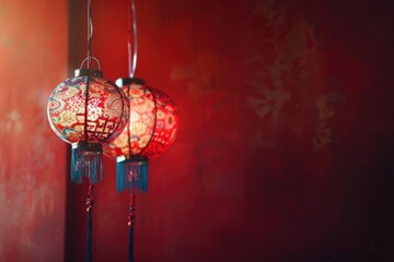 Poster - A pair of string lights suspended from a bright red wall
