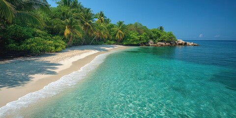 Wall Mural - Secluded Tropical Beach with Palm Trees and Clear Turquoise Water