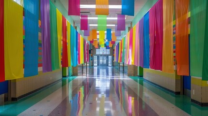 Wall Mural - A school hallway with colorful banners hanging from the ceiling.