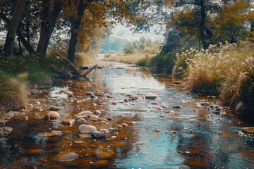 Poster - A serene stream flowing through a dense and lush green forest, ideal for nature and outdoor-themed projects