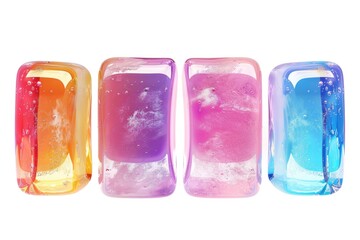 Poster - A row of four differently colored soap bars on a white background