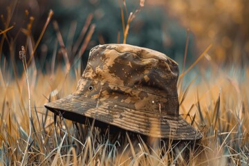 Wall Mural - A farmer's hat sits alone in the middle of a green field, surrounded by nature