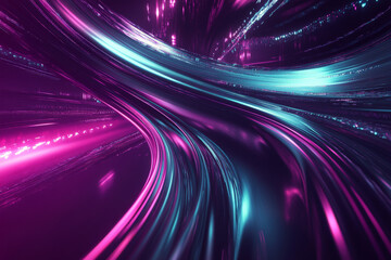 A futuristic abstract scene with luminous, flowing lines and holographic effects in purple and cyan. The background has a sleek, modern look with a dynamic sense of motion.