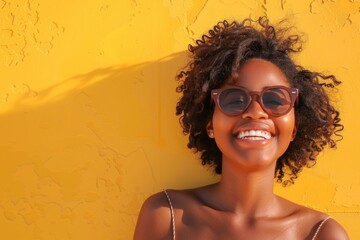 Wall Mural - A woman wearing sunglasses stands in front of a bright yellow wall, a simple yet striking scene