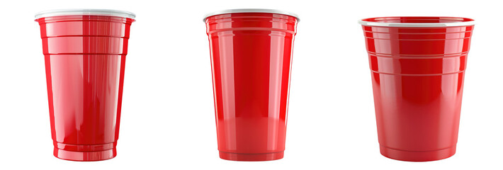 Red plastic party cup isolated on transparent background, set of