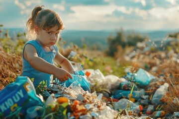 Poster - A young girl sits atop a pile of trash, surrounded by discarded items