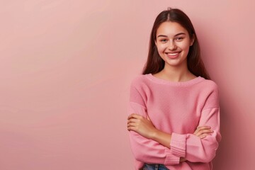 Canvas Print - A young woman poses confidently with her arms crossed, wearing a pink sweater and jeans