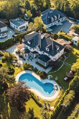 Poster - Aerial view of a residential property with a private swimming pool