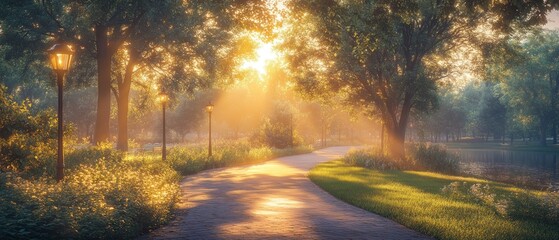 Sticker - Sunlit Pathway Through a Foggy Forest Park