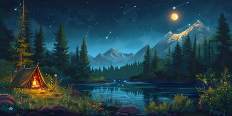 Poster - A simple tent setup in a dense forest with trees surrounding it