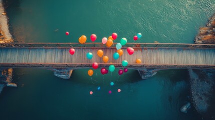 Aerial View of Balloons Over Bridge