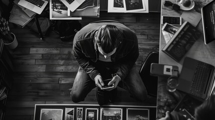 Canvas Print - A person sitting on the floor looking at their mobile device, possibly texting or browsing