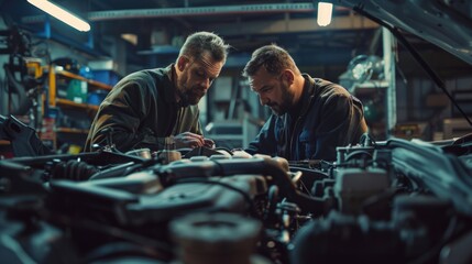 Poster - Two mechanics working together in a well-lit garage, surrounded by tools and machinery