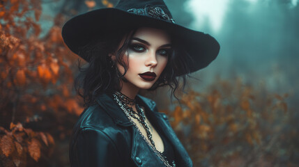 A woman in a black hat and leather jacket poses for a photo