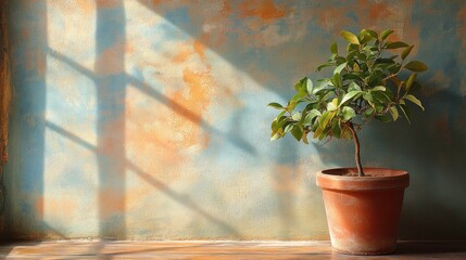 Wall Mural - Potted Plant with Green Leaves Against a Textured Wall