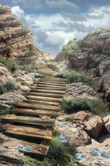 Poster - A scenic image of a winding wooden path surrounded by rocks and possibly used for outdoor decoration or landscape photography